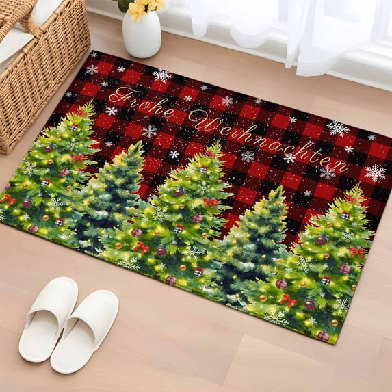 Entryway Rug 2'x3', Green Christmas Tree Small Rug for Kitchen Bathroom Door Mat Indoor Entrance, Xmas Tree Snowflake Winter Red Plaid Non-Slip Area Rugs Floor Mats Carpet Front Door Rugs