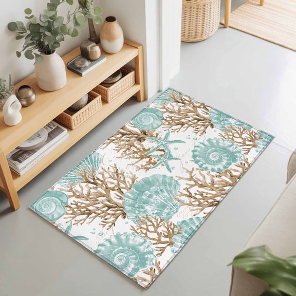 Entryway Rug 2'x3', Green Coastal Seashells Kitchen Runner Rugs Non-Slip Carpet Mats, Nautical Brown Coral Starfish Bedside Rugs Runners Washable Floor Carpet for Bathroom Laundry Room