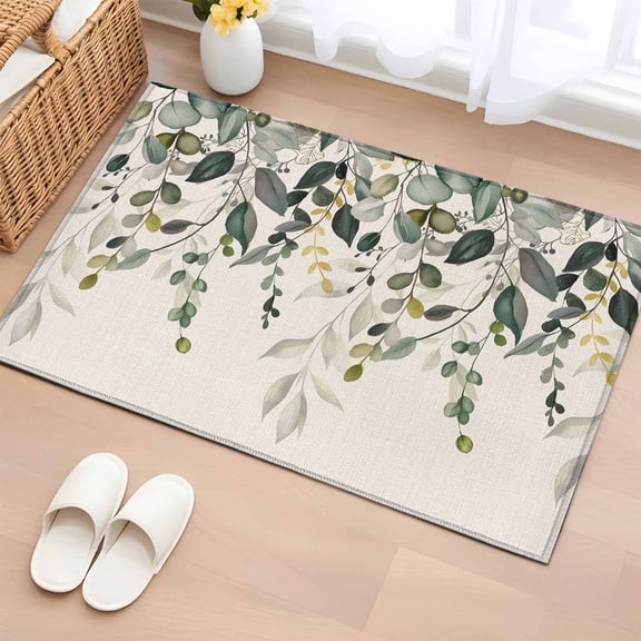 Entryway Rug 2'x3', Green Eucalyptus Small Rug for Kitchen Bathroom Door Mat Indoor Entrance, Farmhouse Weeping Leaves on Linen Non-Slip Area Rugs Floor Mats Carpet Front Door Rugs