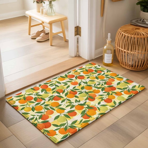 Entryway Rug 2'x3', Green Orange Kitchen Runner Rugs Non-Slip Carpet Mats, Summer Botanical Leaves Watercolor Checkered Bedside Rugs Runners Washable Floor Carpet for Bathroom Laundry Room