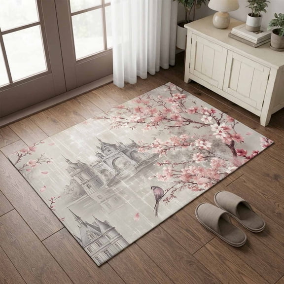 Entryway Rug 2'x3', Grey Building Pink Cherry Small Rug for Kitchen Bathroom Door Mat Indoor Entrance, Romantic Castle Branch Non-Slip Area Rugs Floor Mats Carpet Front Door Rugs