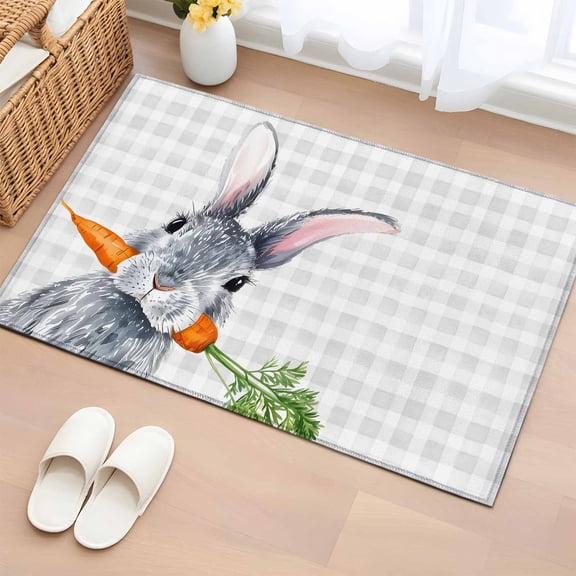 Entryway Rug 2'x3', Grey Bunny Easter Small Rug for Kitchen Bathroom Door Mat Indoor Entrance, Rabbits Grey Checkered Carrots Non-Slip Area Rugs Floor Mats Carpet Front Door Rugs
