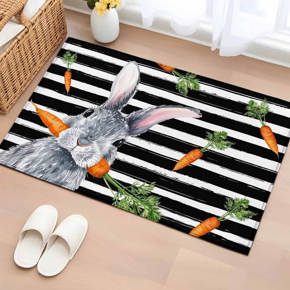 Entryway Rug 2'x3', Grey Bunny Easter Small Rug for Kitchen Bathroom Door Mat Indoor Entrance, Rabbits Spring Botanical Black White Stripe Non-Slip Area Rugs Floor Mats Carpet Front Door Rugs