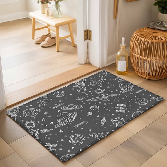 Entryway Rug 2'x3', Grey Cartoon Space Kitchen Runner Rugs Non-Slip Carpet Mats, Star Spacecraft Rocket Meteorite Bedside Rugs Runners Washable Floor Carpet for Bathroom Laundry Room