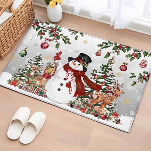 Entryway Rug 2'x3', Grey Christmas Snowman Small Rug for Kitchen Bathroom Door Mat Indoor Entrance, Xmas Snowflake Elk Tree Balls Non-Slip Area Rugs Floor Mats Carpet Front Door Rugs