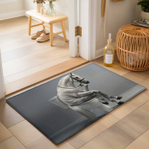 Entryway Rug 2'x3', Grey Horse Kitchen Runner Rugs Non-Slip Carpet Mats, Farmhouse Animals Modern Art Bedside Rugs Runners Washable Floor Carpet for Bathroom Laundry Room