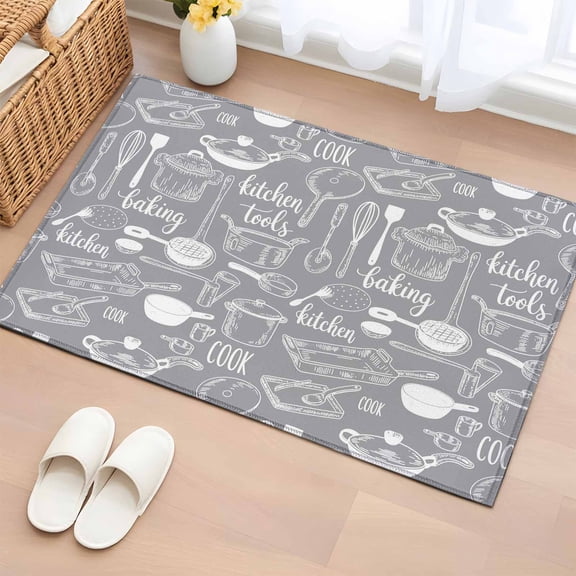 Entryway Rug 2'x3', Grey Kitchenware Small Rug for Kitchen Bathroom Door Mat Indoor Entrance, Modern Funny Cook Tools Spoons Forks Non-Slip Area Rugs Floor Mats Carpet Front Door Rugs