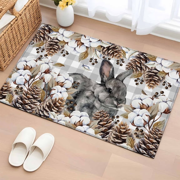 Entryway Rug 2'x3', Grey Rabbits Small Rug for Kitchen Bathroom Door Mat Indoor Entrance, Pine Cones Brown Plants Grey Checkered Farmhouse Non-Slip Area Rugs Floor Mats Carpet Front Door Rugs