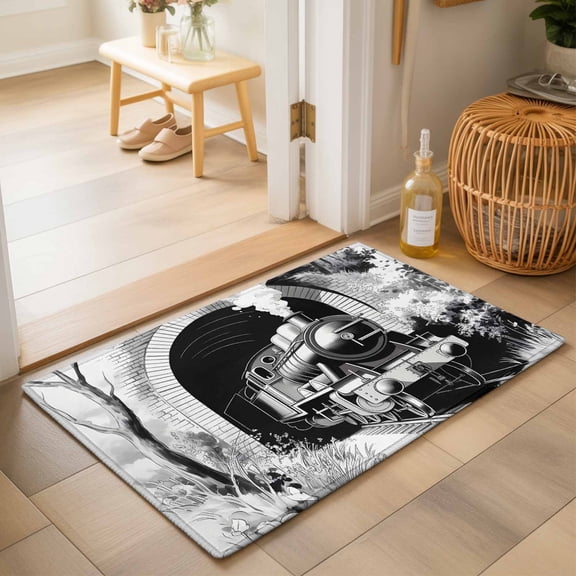 Entryway Rug 2'x3', Grey Trains Kitchen Runner Rugs Non-Slip Carpet Mats, Black White Vintage Tunnels Hand Print Art Bedside Rugs Runners Washable Floor Carpet for Bathroom Laundry Room