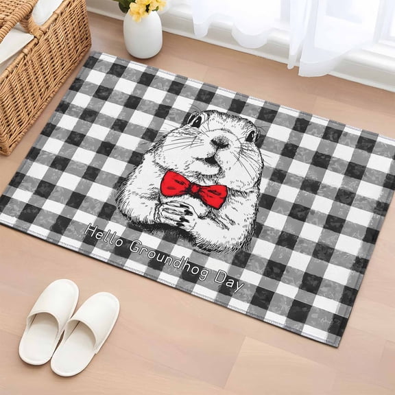 Entryway Rug 2'x3', Groundhog Day Small Rug for Kitchen Bathroom Door Mat Indoor Entrance, Red Bow Knot Black Checkered Non-Slip Area Rugs Floor Mats Carpet Front Door Rugs