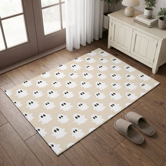 Entryway Rug 2'x3', Halloween Kitchen Runner Rugs Non-Slip Carpet Mats, Brown White Spooky Green Eyes Ghost Floating Bedside Rugs Runners Washable Floor Carpet for Bathroom Laundry Room