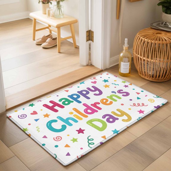 Entryway Rug 2'x3', Happy Children's Day Kitchen Runner Rugs Non-Slip Carpet Mats, Modern Ribbons Stars Love Hearts Bedside Rugs Runners Washable Floor Carpet for Bathroom Laundry Room