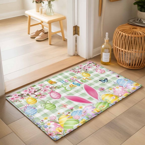 Entryway Rug 2'x3', Happy Easter Kitchen Runner Rugs Non-Slip Carpet Mats, Spring Bunny Eggs Flower Sage Green Plaid Bedside Rugs Runners Washable Floor Carpet for Bathroom Laundry Room