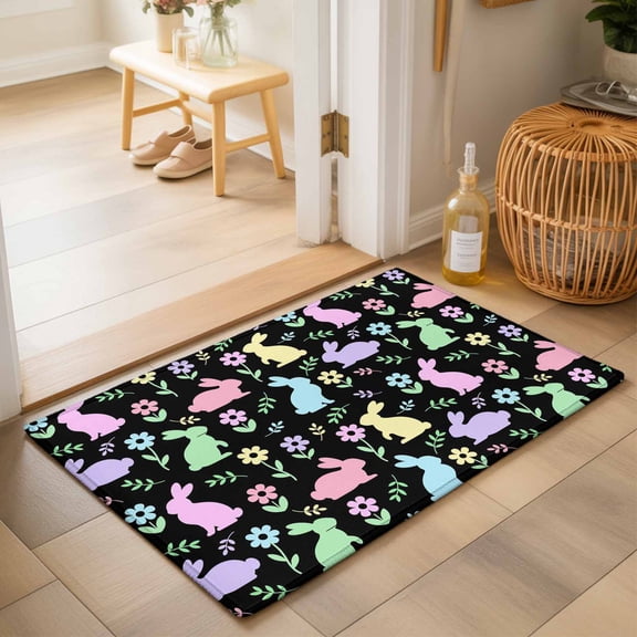 Entryway Rug 2'x3', Happy Easter Kitchen Runner Rugs Non-Slip Carpet Mats, Spring Colorful Bunny Floral Rustic Black Bedside Rugs Runners Washable Floor Carpet for Bathroom Laundry Room
