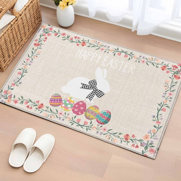 Entryway Rug 2'x3', Happy Easter Small Rug for Kitchen Bathroom Door Mat Indoor Entrance, Bow Bunny Colorful Eggs Flowers Vines Non-Slip Area Rugs Floor Mats Carpet Front Door Rugs
