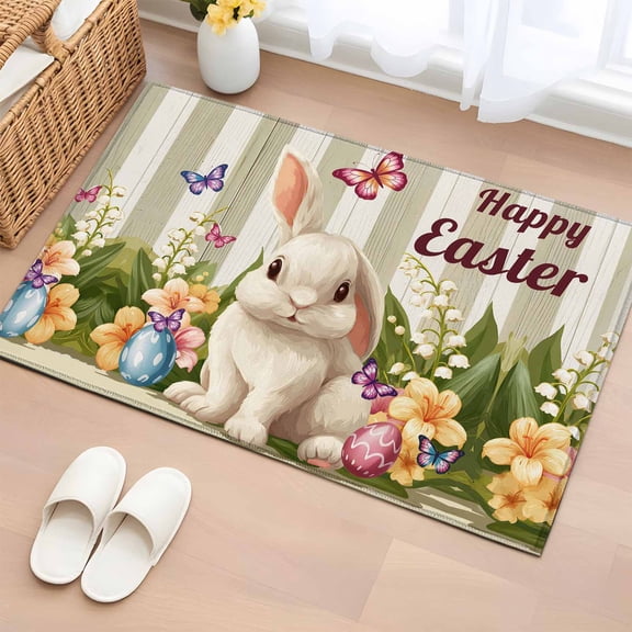 Entryway Rug 2'x3', Happy Easter Small Rug for Kitchen Bathroom Door Mat Indoor Entrance, Rabbit Eggs Spring Flowers Butterfly Striped Non-Slip Area Rugs Floor Mats Carpet Front Door Rugs