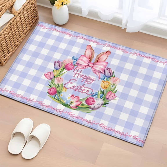 Entryway Rug 2'x3', Happy Easter Small Rug for Kitchen Bathroom Door Mat Indoor Entrance, Rabbits Bows Spring Tulips Eggs Purple Plaid Non-Slip Area Rugs Floor Mats Carpet Front Door Rugs