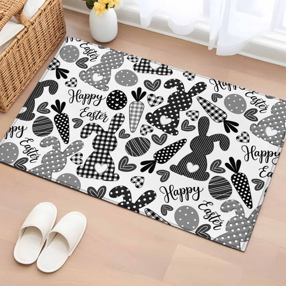 Entryway Rug 2'x3', Happy Easter Small Rug for Kitchen Bathroom Door Mat Indoor Entrance, Rabbits Eggs Carrots Black Gray Plaid Non-Slip Area Rugs Floor Mats Carpet Front Door Rugs