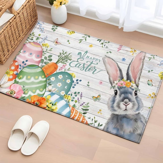 Entryway Rug 2'x3', Happy Easter Small Rug for Kitchen Bathroom Door Mat Indoor Entrance, Spring Bunny Easter Eggs Floral Gray Wood Non-Slip Area Rugs Floor Mats Carpet Front Door Rugs