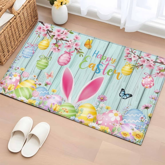 Entryway Rug 2'x3', Happy Easter Small Rug for Kitchen Bathroom Door Mat Indoor Entrance, Spring Bunny Eggs Flower Teal Wood Grain Non-Slip Area Rugs Floor Mats Carpet Front Door Rugs