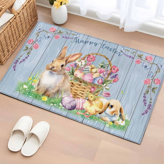 Entryway Rug 2'x3', Happy Easter Small Rug for Kitchen Bathroom Door Mat Indoor Entrance, Spring Easter Eggs Bunny Floral Blue Wood Non-Slip Area Rugs Floor Mats Carpet Front Door Rugs