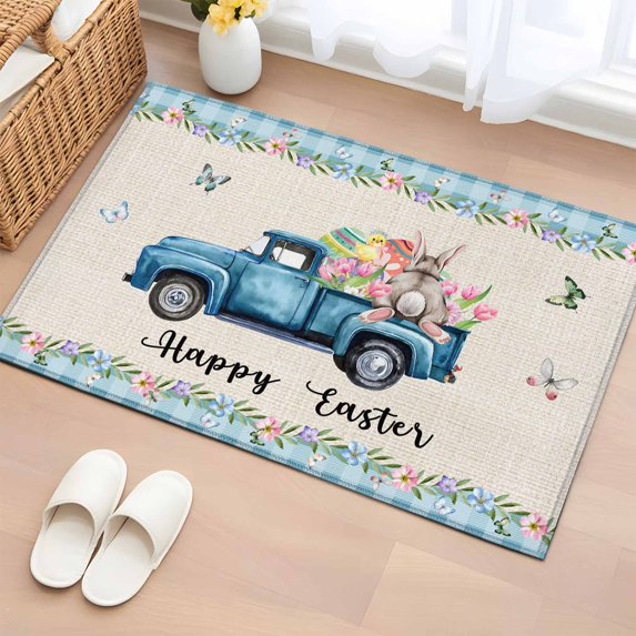 Entryway Rug 2'x3', Happy Easter Small Rug for Kitchen Bathroom Door Mat Indoor Entrance, Spring Truck Bunny Butterfly Blue Plaid Non-Slip Area Rugs Floor Mats Carpet Front Door Rugs