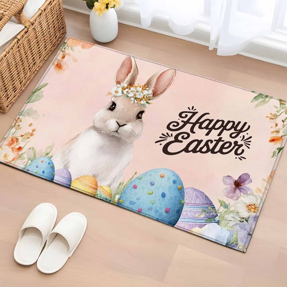 Entryway Rug 2'x3', Happy Easter Small Rug for Kitchen Bathroom Door Mat Indoor Entrance, Spring Watercolor Bunny Eggs Flowers Pink Non-Slip Area Rugs Floor Mats Carpet Front Door Rugs