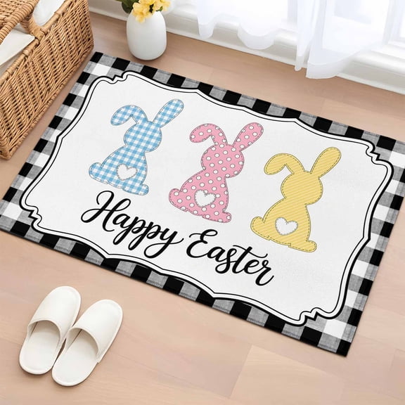 Entryway Rug 2'x3', Happy Easter Small Rug for Kitchen Bathroom Door Mat Indoor Entrance, Spring Watercolor Rabbits Black White Plaid Non-Slip Area Rugs Floor Mats Carpet Front Door Rugs
