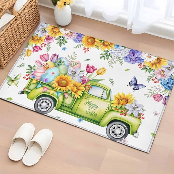 Entryway Rug 2'x3', Happy Easter Small Rug for Kitchen Bathroom Door Mat Indoor Entrance, Watercolor Truck Eggs Flowers Butterfly Botanical Non-Slip Area Rugs Floor Mats Carpet Front Door Rugs