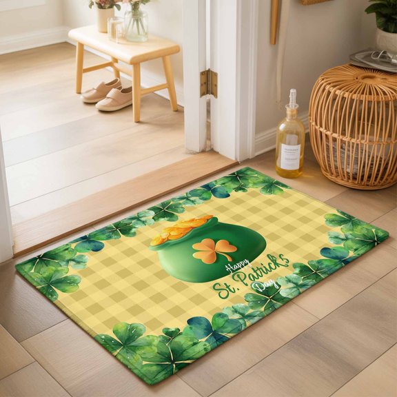 Entryway Rug 2'x3', Happy St. Patrick's Day Kitchen Runner Rugs Non-Slip Carpet Mats, Spring Coin Clovers Yellow Plaid Bedside Rugs Runners Washable Floor Carpet for Bathroom Laundry Room