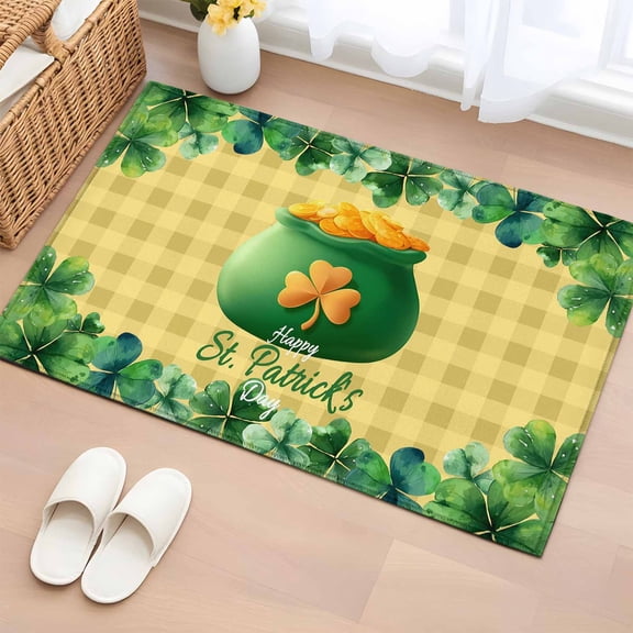 Entryway Rug 2'x3', Happy St. Patrick's Day Small Rug for Kitchen Bathroom Door Mat Indoor Entrance, Spring Coin Clovers Yellow Plaid Non-Slip Area Rugs Floor Mats Carpet Front Door Rugs