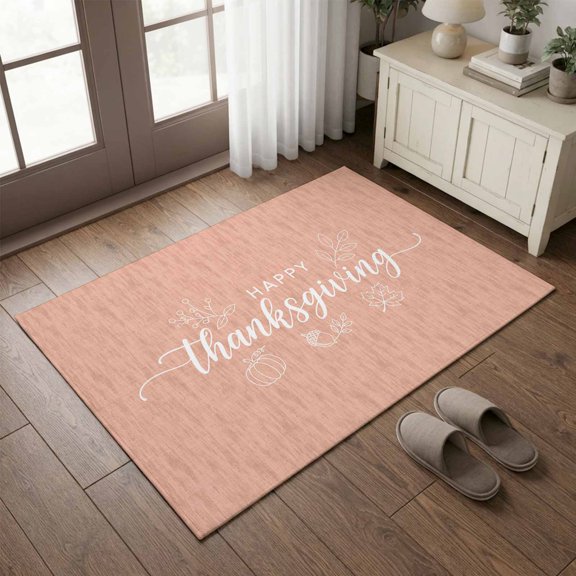 Entryway Rug 2'x3', Happy Thanksgiving Kitchen Runner Rugs Non-Slip Carpet Mats, Orange Fall Pumpkin Maple Leaf Vintage Bedside Rugs Runners Washable Floor Carpet for Bathroom Laundry Room