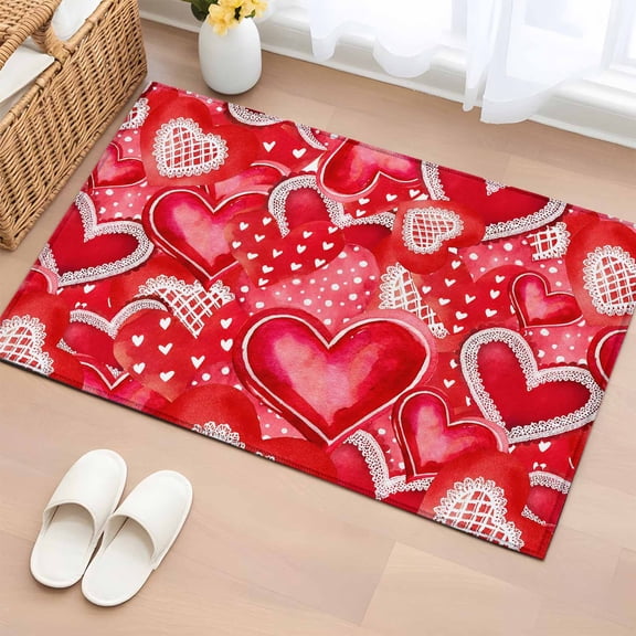 Entryway Rug 2'x3', Happy Valentine's Day Small Rug for Kitchen Bathroom Door Mat Indoor Entrance, Red Dots Love Heart Romantic Non-Slip Area Rugs Floor Mats Carpet Front Door Rugs