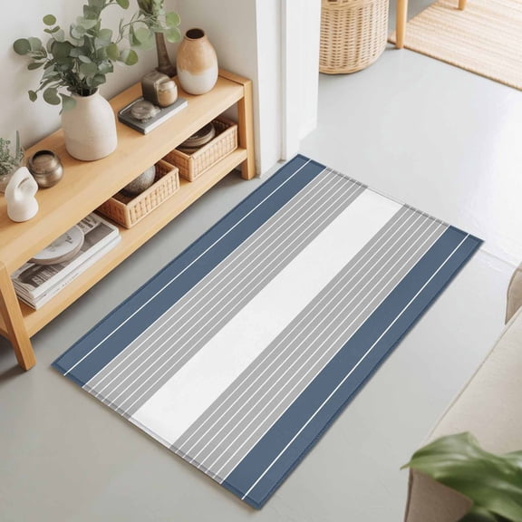 Entryway Rug 2'x3', Haze Blue Grey Stripe Kitchen Runner Rugs Non-Slip Carpet Mats, Modern Art Horizontal Striped Bedside Rugs Runners Washable Floor Carpet for Bathroom Laundry Room