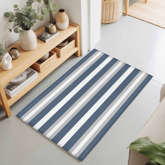 Entryway Rug 2'x3', Haze Blue Stripe Kitchen Runner Rugs Non-Slip Carpet Mats, Farmhouse Blue Gray Striped Bedside Rugs Runners Washable Floor Carpet for Bathroom Laundry Room