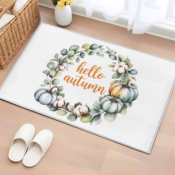 Entryway Rug 2'x3', Hello Autumn Small Rug for Kitchen Bathroom Door Mat Indoor Entrance, Thanksgiving Pumpkins Eucalyptus Wreath Non-Slip Area Rugs Floor Mats Carpet Front Door Rugs