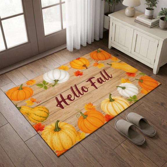 Entryway Rug 2'x3', Hello Fall Kitchen Runner Rugs Non-Slip Carpet Mats, Orange Pumpkins Thanksgiving Wood Grain Bedside Rugs Runners Washable Floor Carpet for Bathroom Laundry Room