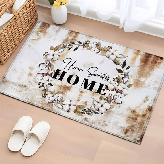 Entryway Rug 2'x3', Home Sweet Small Rug for Kitchen Bathroom Door Mat Indoor Entrance, Wreath Botanical Farmhouse Plants Gradient Brown Non-Slip Area Rugs Floor Mats Carpet Front Door Rugs