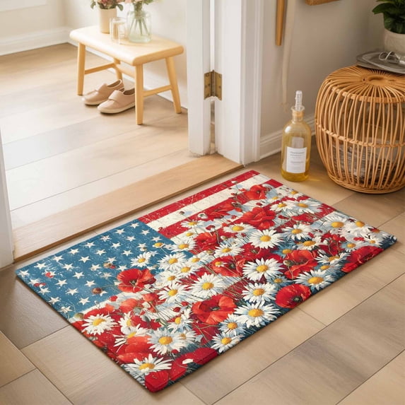 Entryway Rug 2'x3', Indenpendence Day Kitchen Runner Rugs Non-Slip Carpet Mats, 4th of July Red Blue American Flag Bedside Rugs Runners Washable Floor Carpet for Bathroom Laundry Room