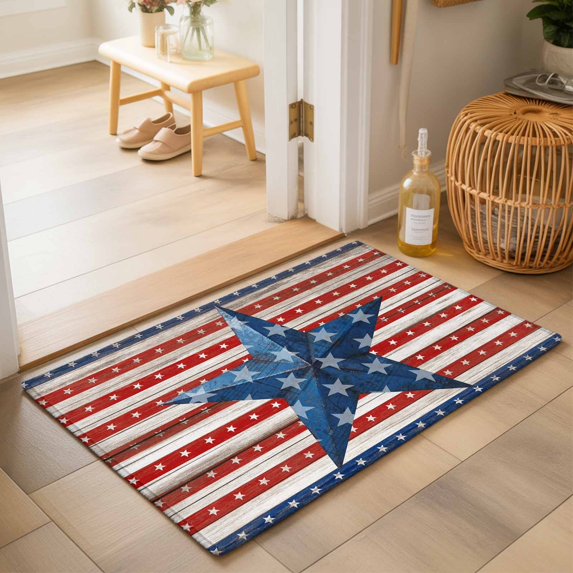 Entryway Rug 2'x3', Independence Day Kitchen Runner Rugs Non-Slip Carpet Mats, 4 of July Blue Red Stars Striped Wood Bedside Rugs Runners Washable Floor Carpet for Bathroom Laundry Room