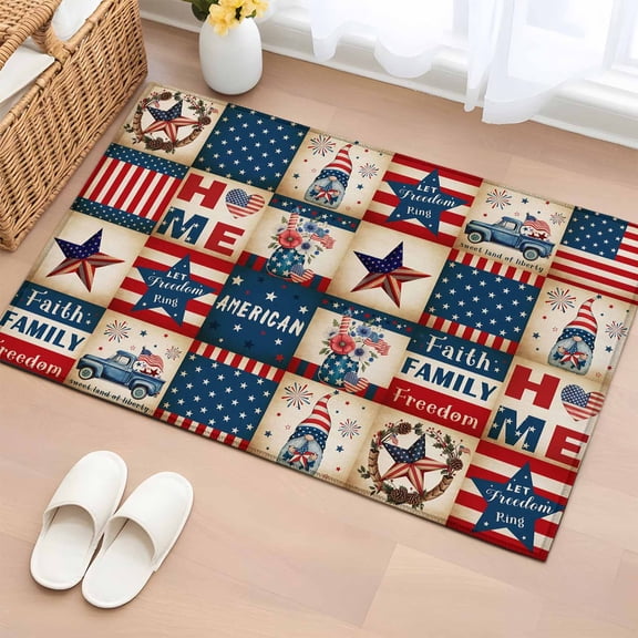 Entryway Rug 2'x3', Independence Day Small Rug for Kitchen Bathroom Door Mat Indoor Entrance, Country Retro Gnomes Star Usa Flag Non-Slip Area Rugs Floor Mats Carpet Front Door Rugs