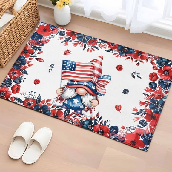 Entryway Rug 2'x3', Independence Day Small Rug for Kitchen Bathroom Door Mat Indoor Entrance, Gnomes American Flag Red Blue Flowers Non-Slip Area Rugs Floor Mats Carpet Front Door Rugs