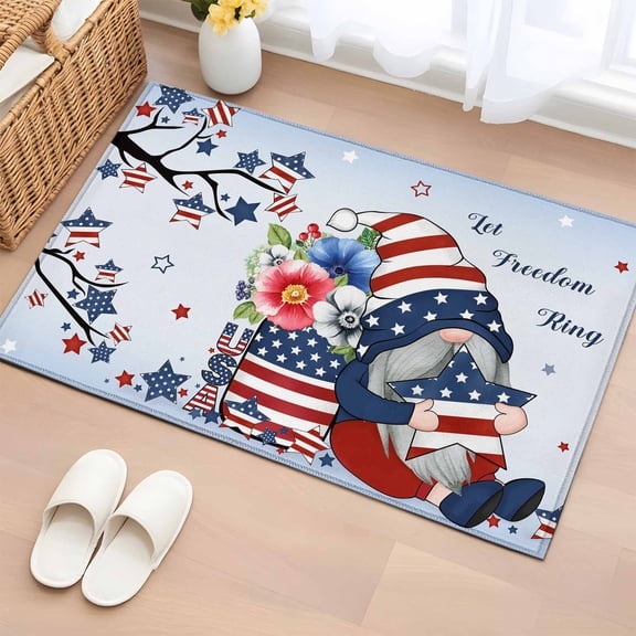 Entryway Rug 2'x3', Independence Day Small Rug for Kitchen Bathroom Door Mat Indoor Entrance, Red Blue Gnomes Usa Flag Star Tree Branch Non-Slip Area Rugs Floor Mats Carpet Front Door Rugs