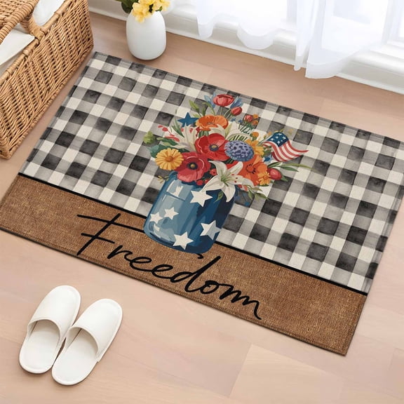 Entryway Rug 2'x3', Independence Day Small Rug for Kitchen Bathroom Door Mat Indoor Entrance, Vintage Red Blue Flowers Flag Plaid Non-Slip Area Rugs Floor Mats Carpet Front Door Rugs