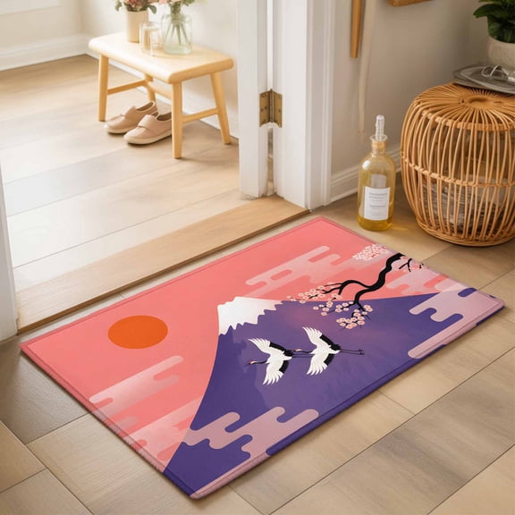 Entryway Rug 2'x3', Japanese Kitchen Runner Rugs Non-Slip Carpet Mats, Nature Mountain Sun Blossoms Cherry Scenery Bedside Rugs Runners Washable Floor Carpet for Bathroom Laundry Room