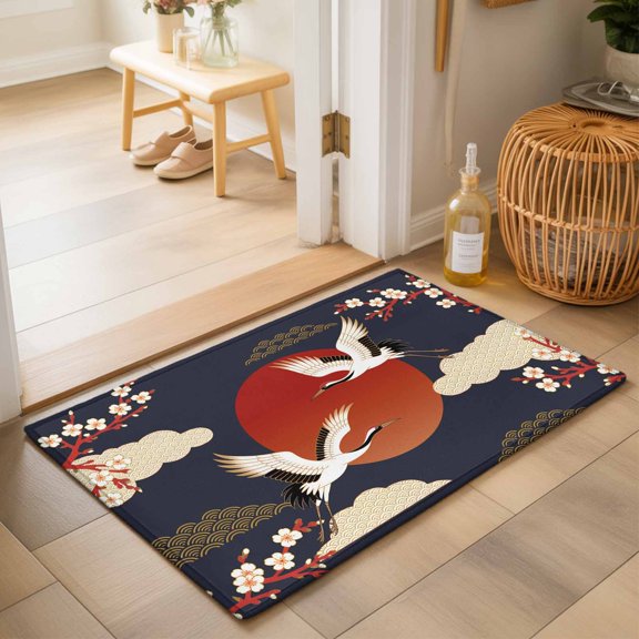 Entryway Rug 2'x3', Japanese Style Kitchen Runner Rugs Non-Slip Carpet Mats, Modern Cranes Cherry Flower Wave Red Blue Bedside Rugs Runners Washable Floor Carpet for Bathroom Laundry Room