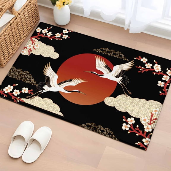 Entryway Rug 2'x3', Japanese Style Small Rug for Kitchen Bathroom Door Mat Indoor Entrance, Modern Cranes Cherry Flower Wave Red Brown Non-Slip Area Rugs Floor Mats Carpet Front Door Rugs