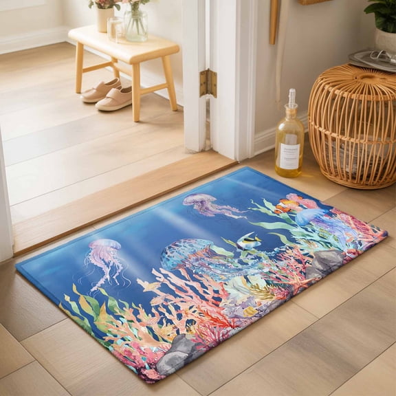 Entryway Rug 2'x3', Jellyfish Coastal Kitchen Runner Rugs Non-Slip Carpet Mats, Nautical Ocean Summer Beach Coral Sea Bedside Rugs Runners Washable Floor Carpet for Bathroom Laundry Room