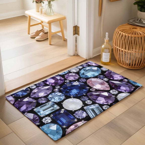 Entryway Rug 2'x3', Jewelry Kitchen Runner Rugs Non-Slip Carpet Mats, Blue Purple Gemstone Classic Black Bedside Rugs Runners Washable Floor Carpet for Bathroom Laundry Room