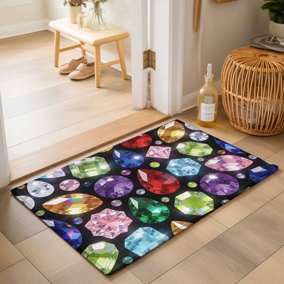 Entryway Rug 2'x3', Jewelry Kitchen Runner Rugs Non-Slip Carpet Mats, Colorful Gemstone Classic Black Bedside Rugs Runners Washable Floor Carpet for Bathroom Laundry Room